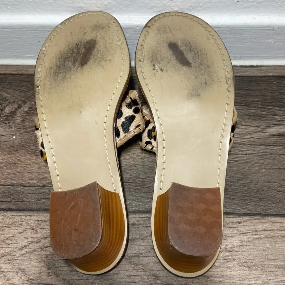 Jack Rogers Jacks Sandals Haircalf Flat Padded Thong 1/2” Heel Leopard Print 8